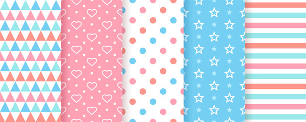 Scrapbook background. Seamless pattern. Vector. Cute scrap design. Textures with polka dot, heart, triangle, stripe, star. Chic packing paper. Trendy blue pink print. Color backdrop illustration.