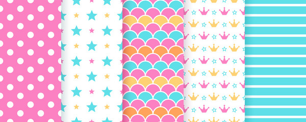 Scrapbook texture. Seamless pattern. Vector. Cute background for scrap design. Chic paper with polka dot, star, stripe, crown, fish scale. Trendy blue pink print. Color illustration Geometric backdrop