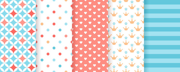 Scrapbook background. Seamless pattern. Vector. Cute print for scrap design. Textures with polka dot, heart, crown, stripe, star. Chic packing paper. Trendy blue pink backdrop. Color illustration.
