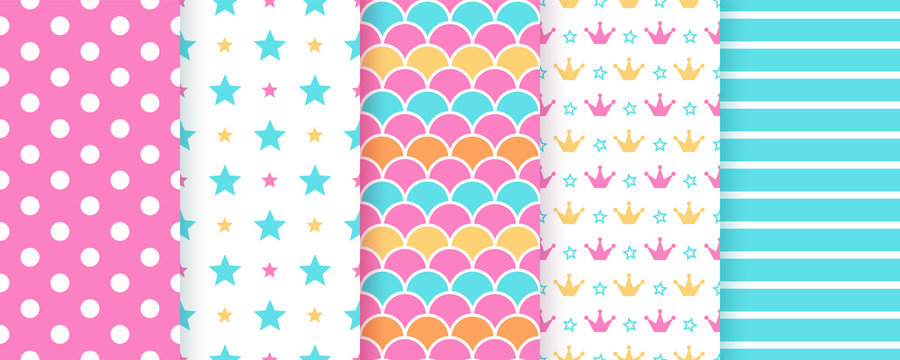 Scrapbook texture. Seamless pattern. Vector. Cute background for scrap design. Chic paper with polka dot, star, stripe, crown, fish scale. Trendy blue pink print. Color illustration Geometric backdrop