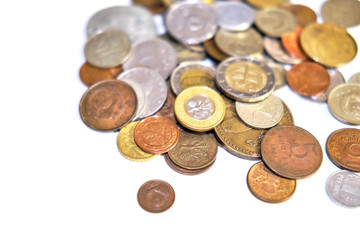 Money from different countries on a white background