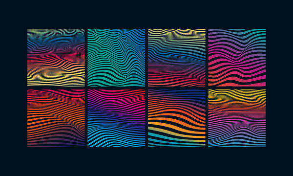 Set of abstract optical art background. Colorful gradient wave stripes isolated. Vector illustration