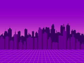 Cityscape. View of the night city with skyscrapers in the style of the 80s, retro futurism, sci-fi city silhouette. Vector illustration