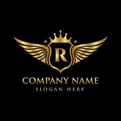 Luxury royal wing Letter R crest Gold color Logo vector, Victory logo, crest logo, wing logo, vector logo template