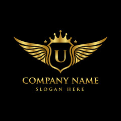Luxury royal wing Letter U crest Gold color Logo vector, Victory logo, crest logo, wing logo, vector logo template