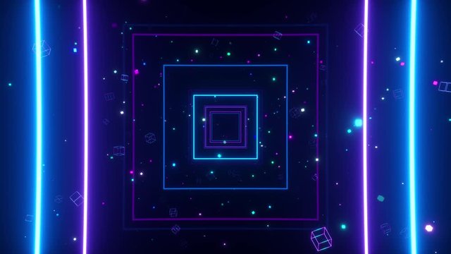 An endless tunnel of luminous multicolored neon squares for music videos, night clubs, LED screens, projection show. Modern ultraviolet blue purple light spectrum. Seamless loop 3d render