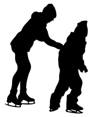 Family and child ice skate. Isolated silhouettes of people on a white background