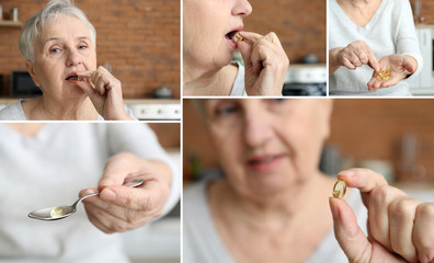 Collage of photos with senior woman taking fish oil pills