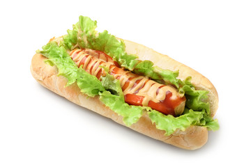 Tasty hot dog on white background