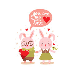 Two white bunny rabbit. Cute cartoon smiling character. Happy emotion. Greeting card. Happy Valentines day. Big heart. Flat design. Vector illustration with quote - you are my love.
