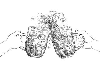 Hands with beer glass mugs cheering