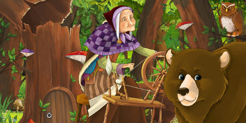 cartoon scene with older man farmer or hunter in the forest encountering pair of owls flying - illustration for children