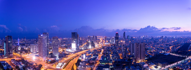 Aerial View Of Tel Aviv Skyline At Dusk,  Tel Aviv Cityscape Panorama At Sunrise, Israel