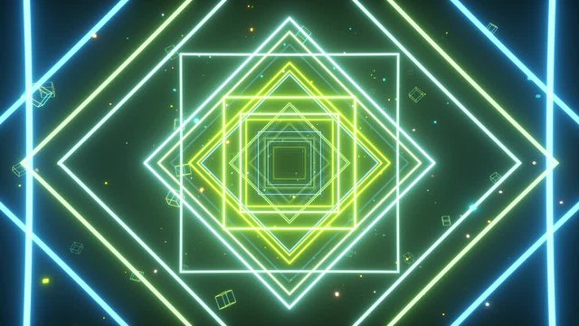 An endless tunnel of luminous multicolored neon squares for music videos, night clubs, LED screens, projection show, video mapping, audiovisual performance, fashion events. Seamless loop 3d render