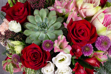 fresh composition of bright flowers close-up work florist place for text
