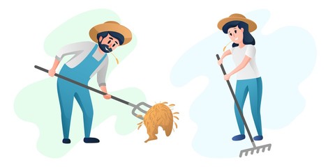 Happy farmers characters, women and man work on the farm, gardening and farming characters. Cute modern style vector.