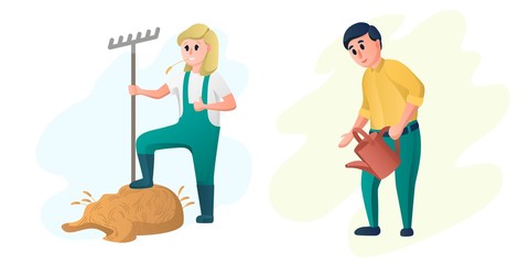Happy farmers characters, husband and wife working on the farm, gardening and farming characters. Cute modern style vector.