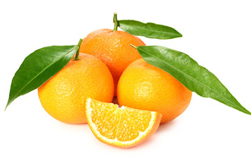 mandarin with slices and green leaf isolated on white background