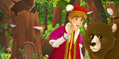 cartoon scene with happy young boy prince chest in the forest encountering pair of owls flying - illustration for children