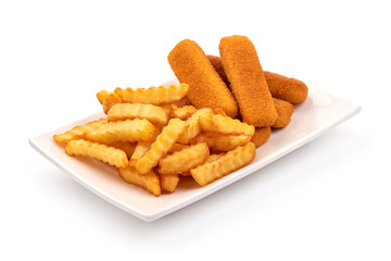 Crispy fish fingers with potato fry, isolated on white background