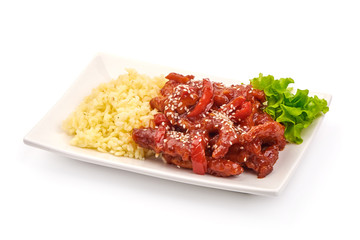 Fried Kung Pao Chicken with rice, Chinese traditional food, isolated on white background
