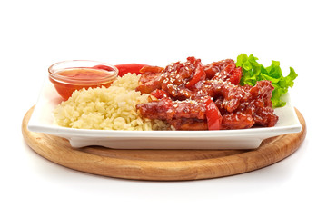 Fried Kung Pao Chicken with rice, Chinese traditional food, isolated on white background