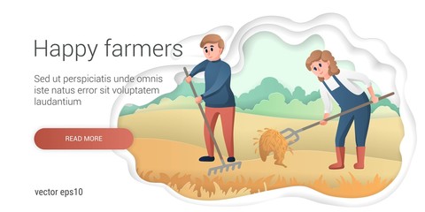 Happy farmers characters, man and woman work on the farm, gardening and farming characters. Cute modern style vector.
