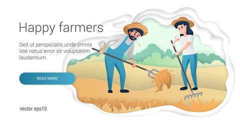 Happy farmers characters, woman and man working on the farm, gardening and farming characters. Cute modern style vector.