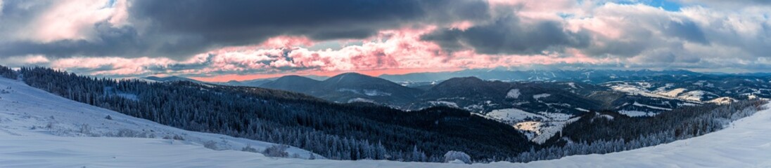 Panoramic view from mountain Zakhar Berkut, Carpathian mountains, Ukraine. Horizontal outdoors shot