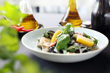 Seafood, mussels and shrimps in a lemon cream sauce