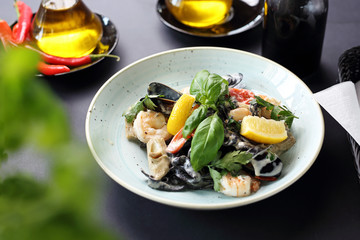 Seafood, mussels and shrimps in a lemon cream sauce