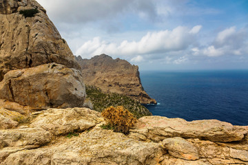 Landscape of rocky coast before a storm under gloomy dramatic sky