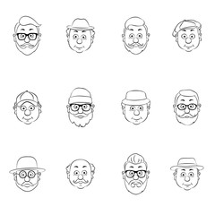 Set of old men face icons. Vector illustration.Linear silhouette on a white background.