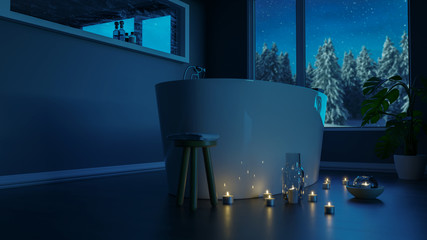 3d rendering of luxury grey bathroom with free standing bathtub and candle lights at night