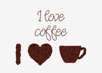 I love you banner design with coffee cup and heart made from coffee beans. Poster design for coffee cafe for valentines day