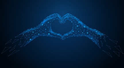 His hands form the gesture of the heart. Expression of feelings. Low poly vector illustration.