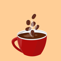 Red cup of coffee with coffee beans. Coffee cup card design