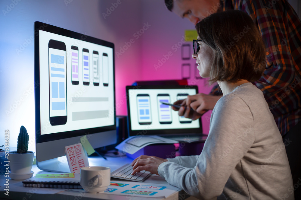 Poster a team of ux designers create an application interface for smartphones. engineers developed user ske