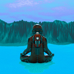 astronaut exploring mars doing yoga pose rear view © DM7