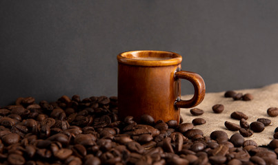 cup of coffee and beans on burlap with copy space for text.