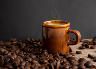 cup of coffee and beans on burlap with copy space for text.