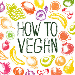 How to Vegan hand drawn poster with fruits, go green and vegan motivational banner, vector illustration