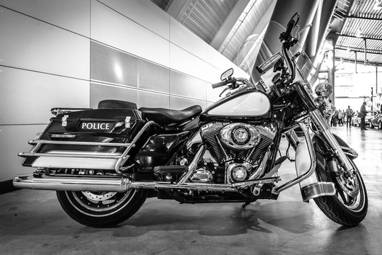 STUTTGART, GERMANY - MARCH 17, 2016: Motorcycle Harley-Davidson FLHR Police, 2008. Black and white. Europe's greatest classic car exhibition "RETRO CLASSICS"