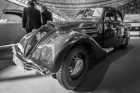 STUTTGART, GERMANY - MARCH 17, 2016: Large family car Peugeot 402 Legere E, 1939. Black and white. Europe's greatest classic car exhibition "RETRO CLASSICS"