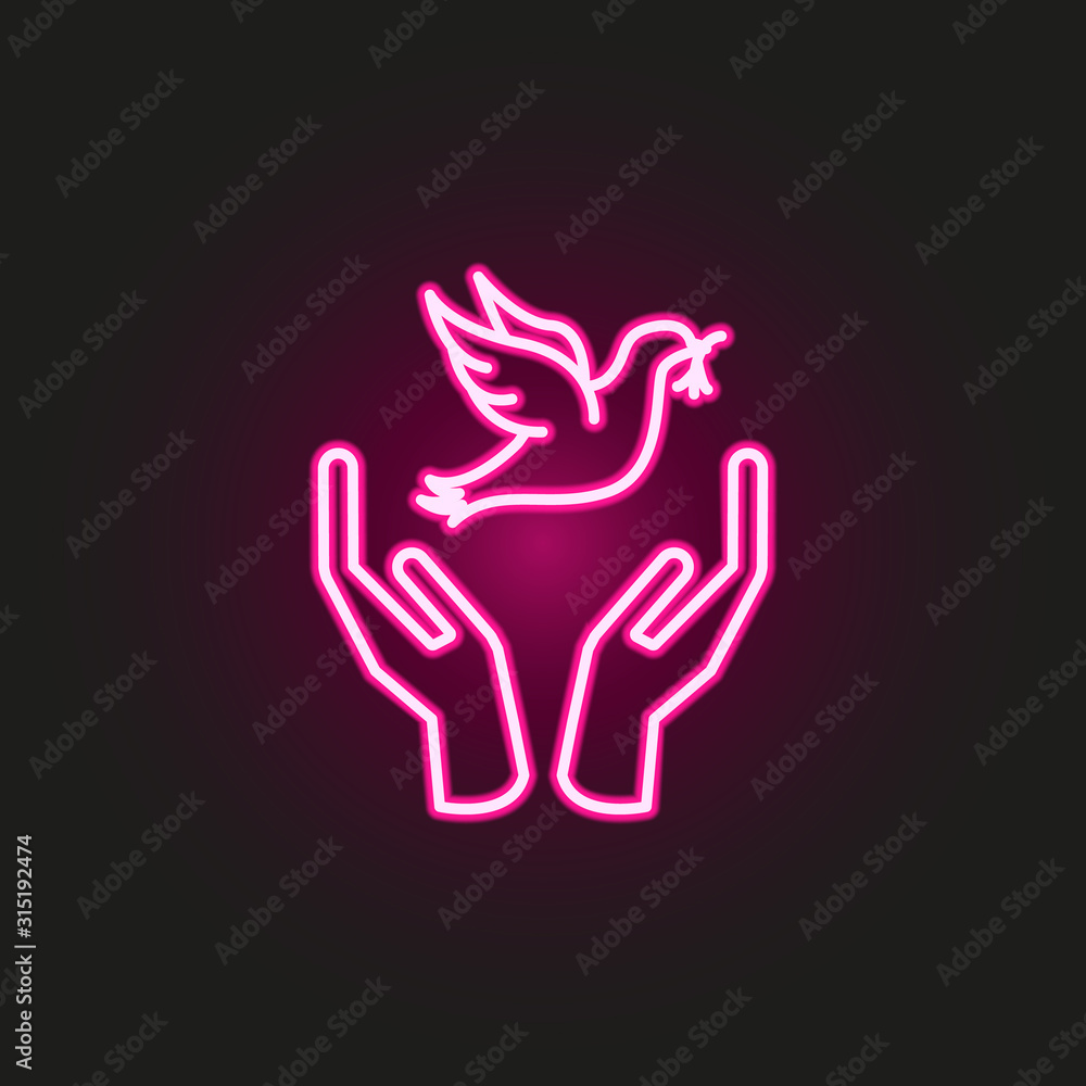 Poster hand and dove with branch neon style icon. simple thin line, outline vector of human rights icons fo