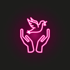 hand and dove with branch neon style icon. Simple thin line, outline vector of human rights icons for ui and ux, website or mobile application