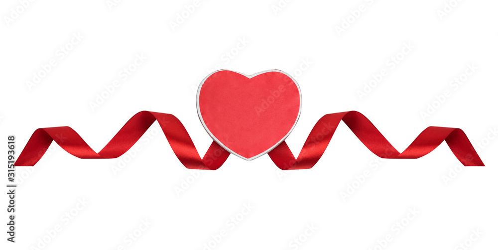 Wall mural Red heart and satin ribbon on a white background. Symbol of love, Valentine's Day. Isolate