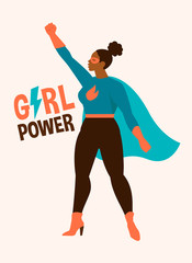 Vector illustrations in flat design of afro american female superheroe in funny comics costume. Girl power concept.