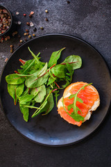 sandwich salmon smorrebrod (delicious snack seafood fish) menu concept. food background. top view. copy space