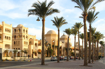 Palace arabic architecture. Hotel in Hurghada, Egypt. Tourist attraction.